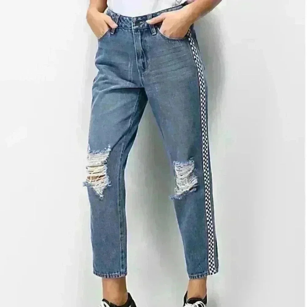 Empyre Eileen Checkered Striped Medium Wash Mom Jeans Size 0 Zumiez Distressed